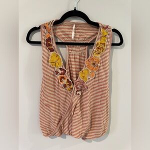 Free People Red Striped Tank with Floral Accents